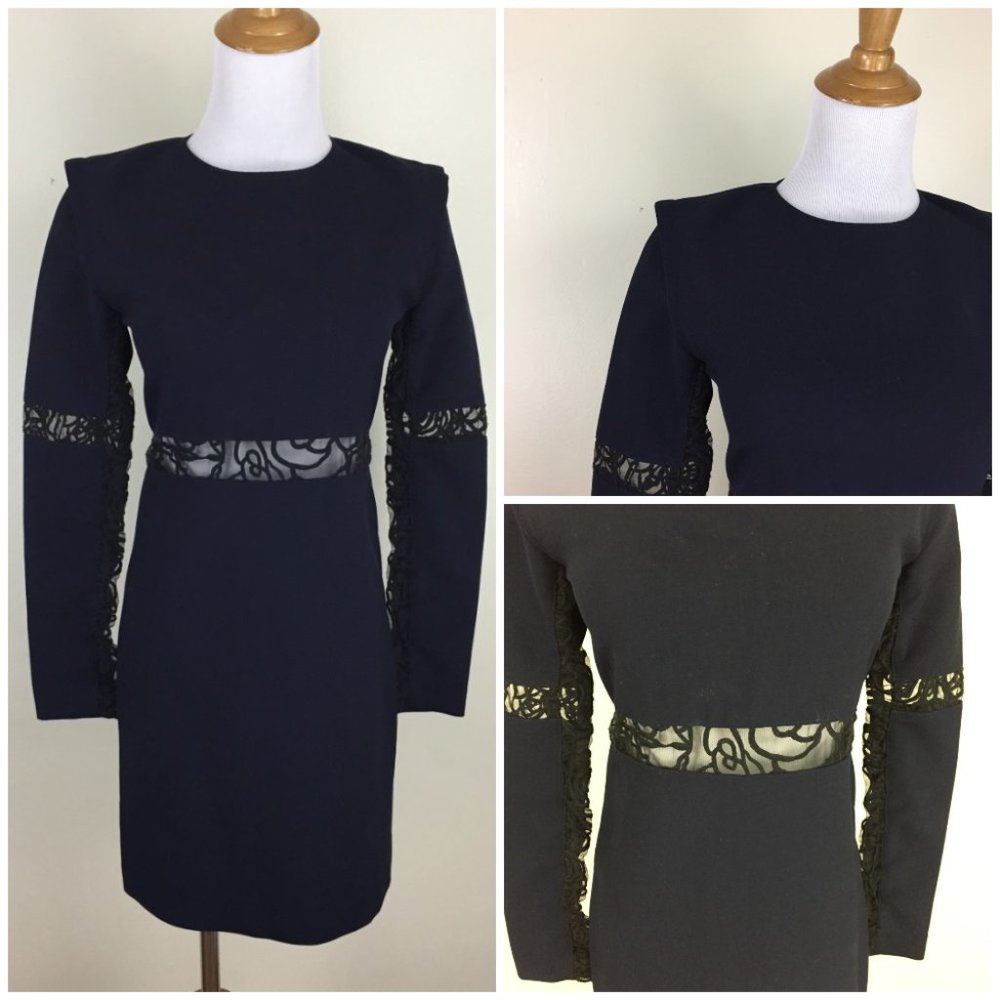 MAJE Dark Blue Black Sheer Lace Inserts Zip Back Shoulder Detail Dress